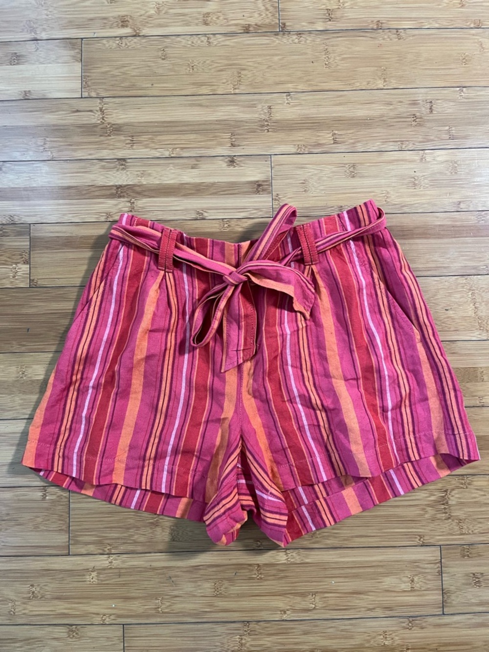 LOFT Linen Blend High Waist Vibrant Striped Paperbag Shorts with Tie Belt - Picture 2 of 14